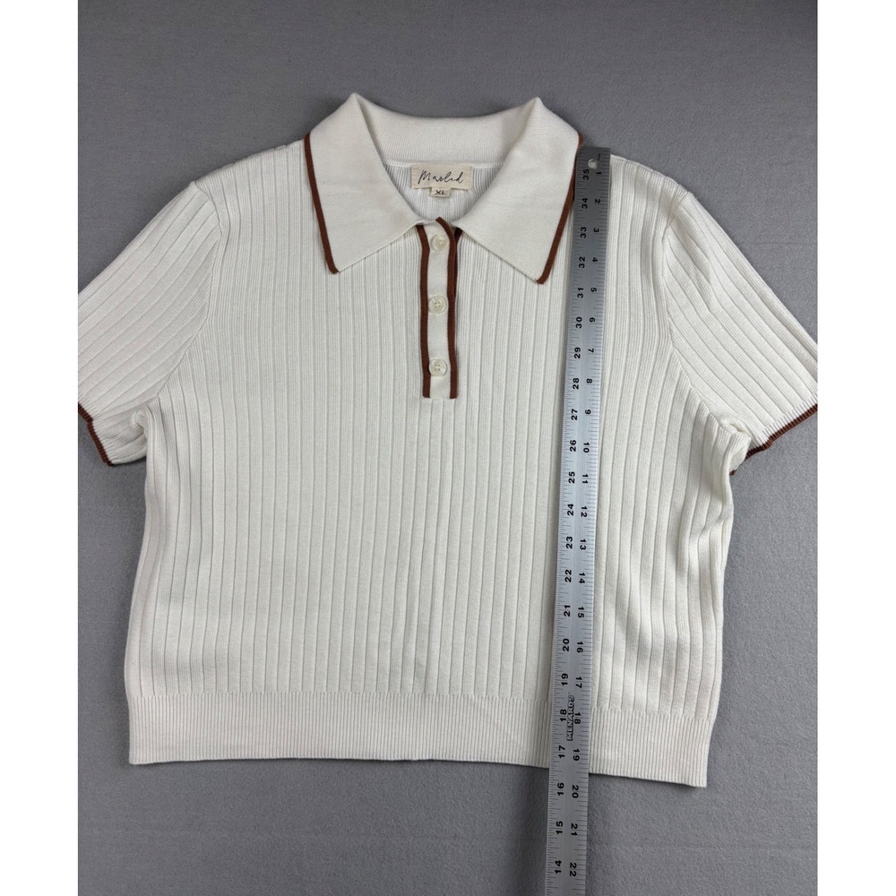 Marled 2 Piece Skirt Set XL White Ribbed Knit Polo Top Midi Skirt Cream Co-ord - Picture 11 of 14